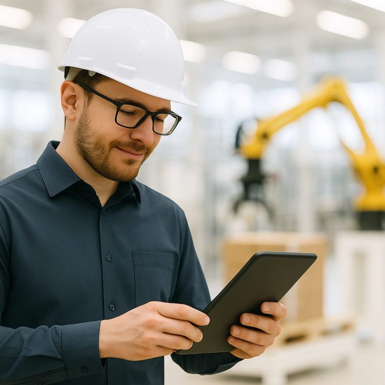 Mitarbeiter mit Tablet und Schutzhelm nutzt Microsoft Dynamics 365 zur Produktionssteuerung.