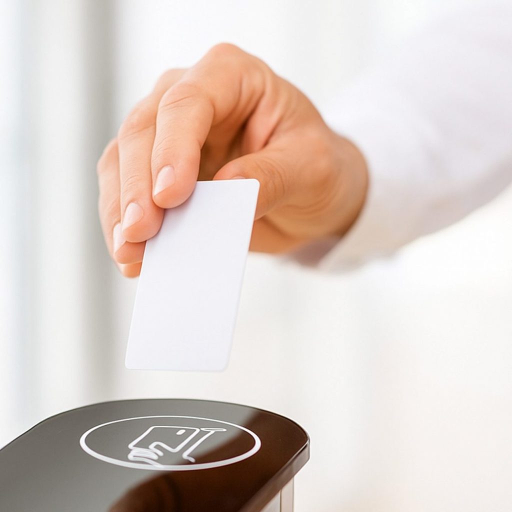 RFID-Zutrittskarte über ein Lesegerät zur kontaktlosen Erfassung.