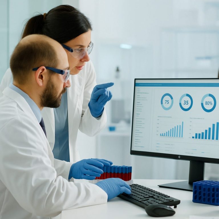 Laborpersonal analysiert Daten mit Hilfe eines LIMS (Labor-Informations- und Managementsystems).