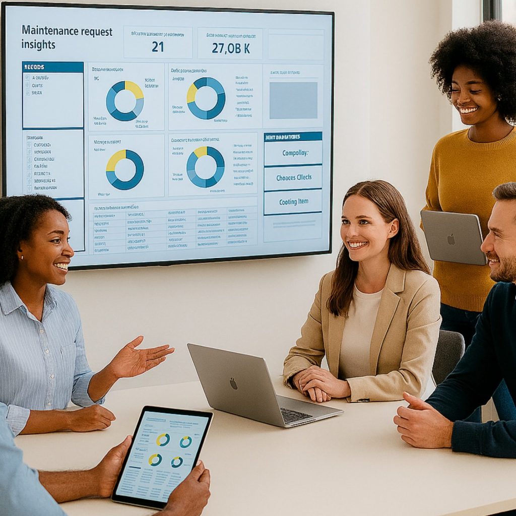 Teamleitung diskutiert Daten mit digitalen Geräten, Dashboard mit KPIs im Hintergrund.